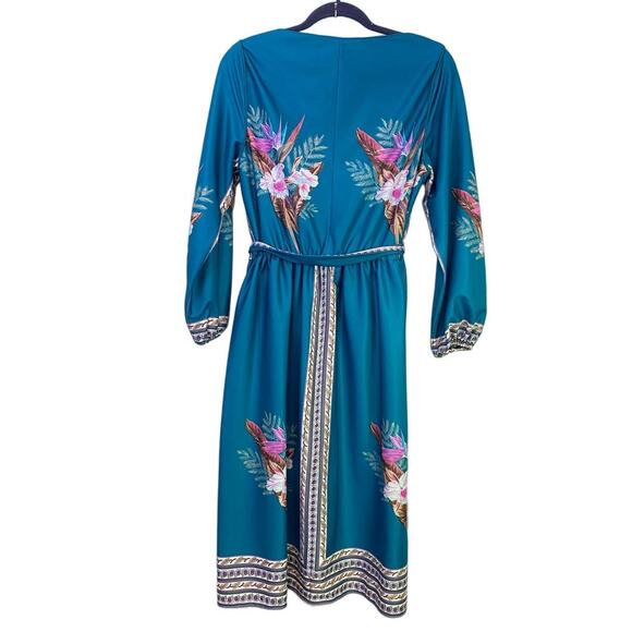 VTG Amy Deb Tropical Floral Dress Union Made  USA 1970'S Blue Belted Medium - Picture 7 of 7